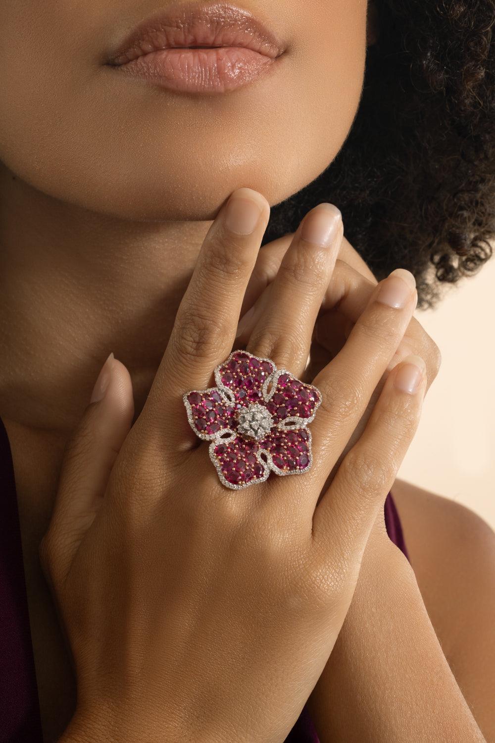 Ruby Diamond Flower Ring-ROSE GOLD-7-JEWELRYFINE JEWELRING-STEFERE