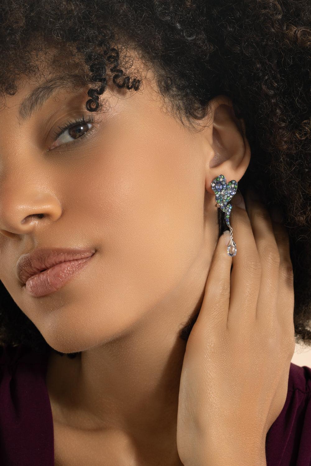 Blue Sapphire Diamond Garnet Drop Earrings-WHITE GOLD-JEWELRYFINE JEWELEARRING-STEFERE