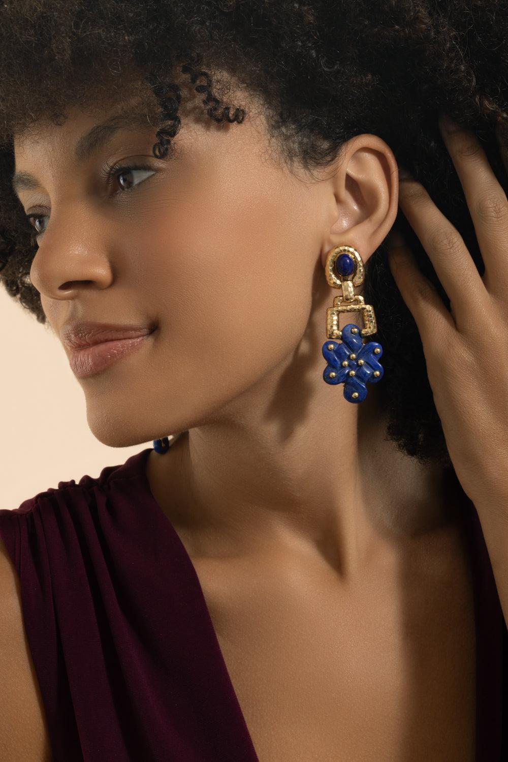 Lapis Lazuli Endless Knot Earrings-YELLOW GOLD-JEWELRYFINE JEWELEARRING-DAVID WEBB