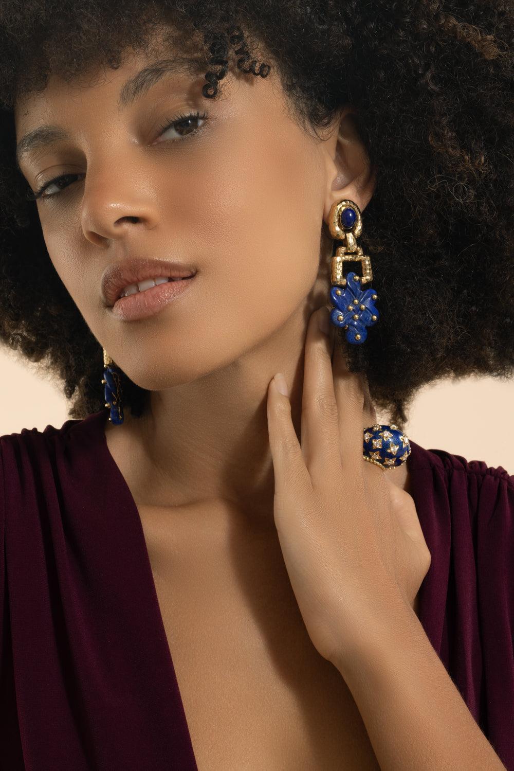 Lapis Lazuli Endless Knot Earrings-YELLOW GOLD-JEWELRYFINE JEWELEARRING-DAVID WEBB