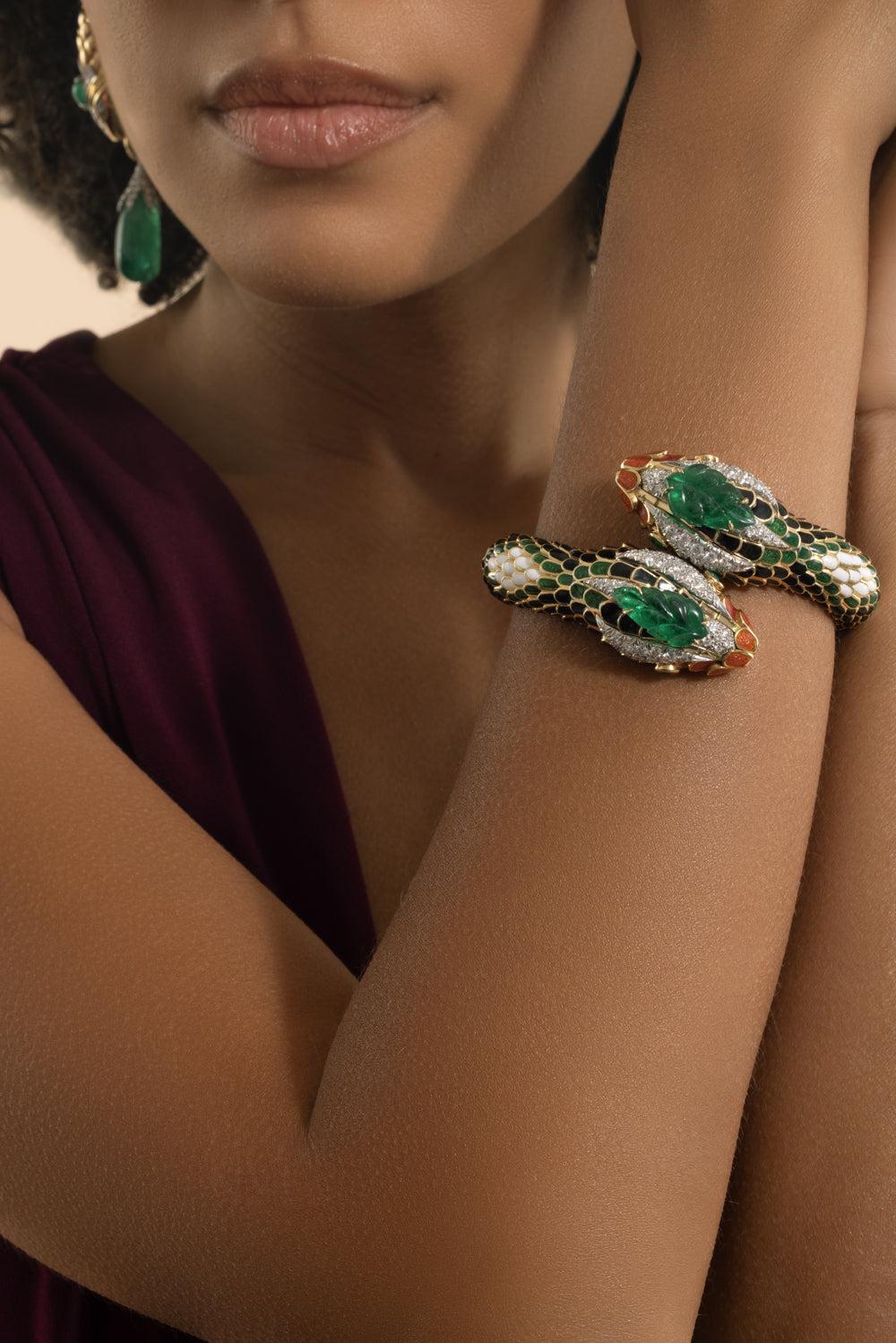 Emerald Orange Double Headed Snake Bracelet-YELLOW GOLD-JEWELRYFINE JEWELBRACELET O-DAVID WEBB