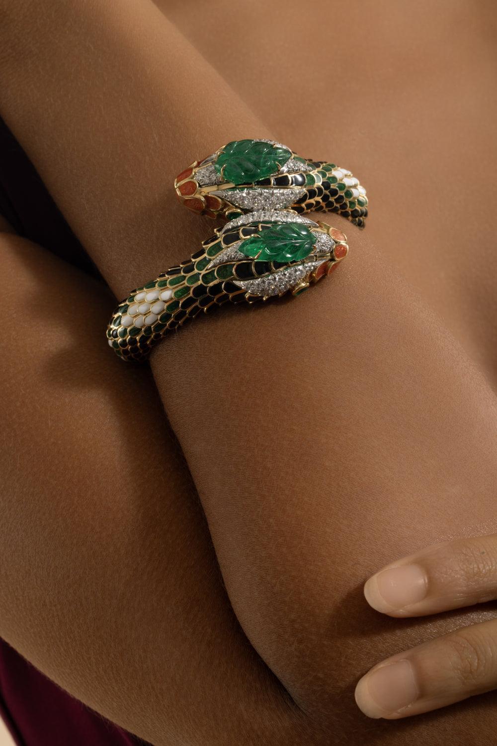 Emerald Orange Double Headed Snake Bracelet-YELLOW GOLD-JEWELRYFINE JEWELBRACELET O-DAVID WEBB