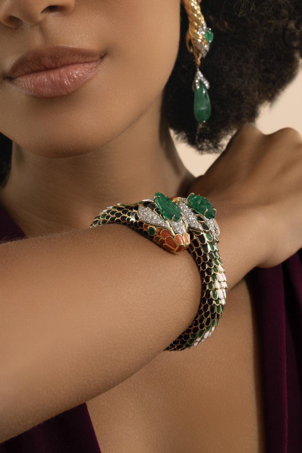 Emerald Orange Double Headed Snake Bracelet-YELLOW GOLD-JEWELRYFINE JEWELBRACELET O-DAVID WEBB