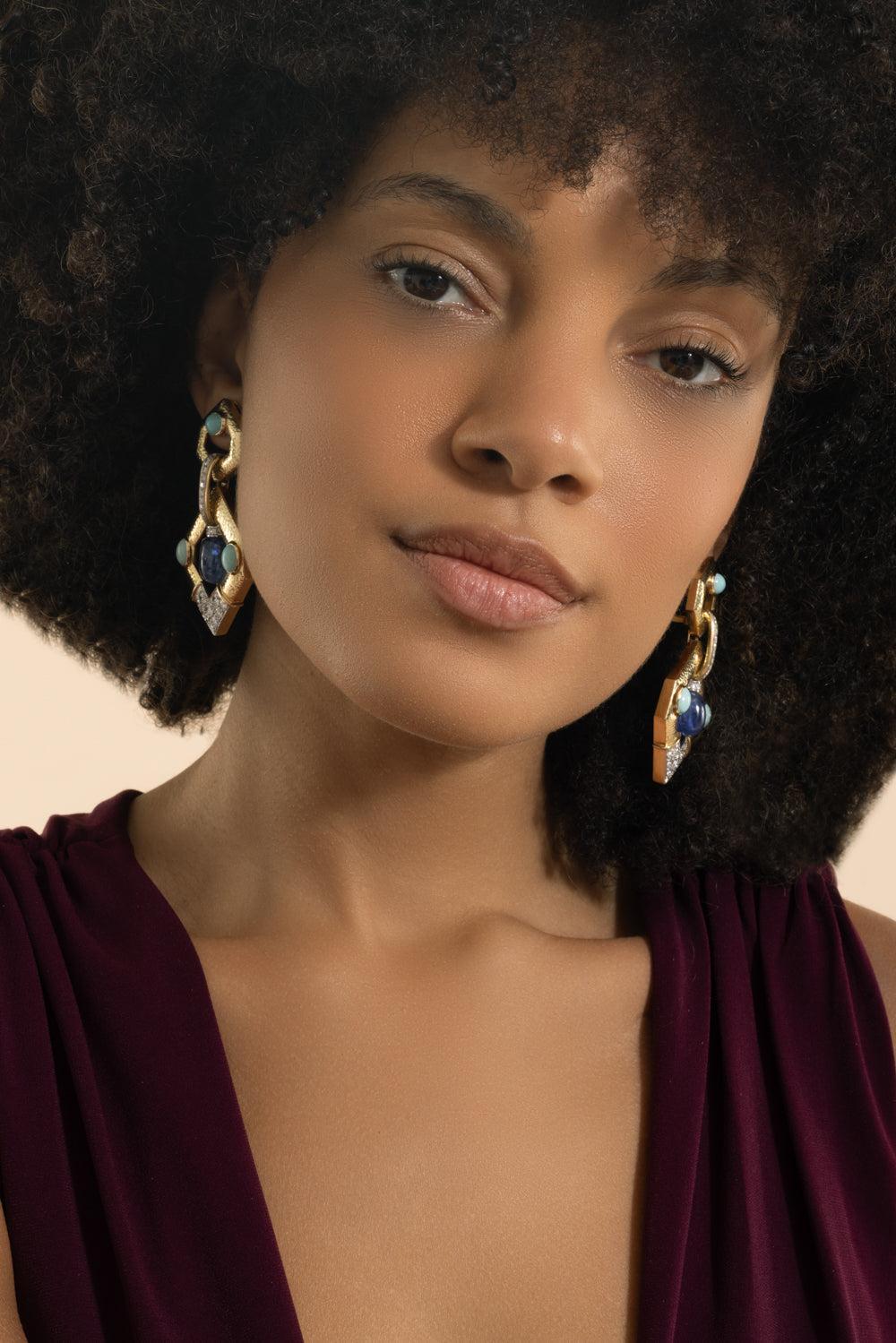 Sapphire Turquoise Diamond Hexagon Doorknocker Earrings-YELLOW GOLD-JEWELRYFINE JEWELEARRING-DAVID WEBB