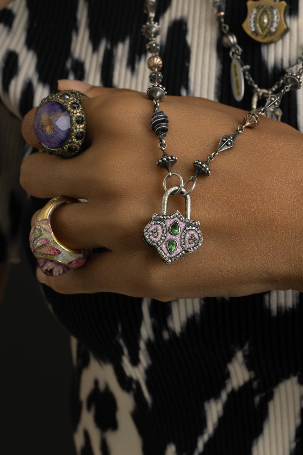 Pink Green Amethyst Medium Padlock Pendant-YELLOW GOLD-JEWELRYFINE JEWELPENDANT-SEVAN BICAKCI