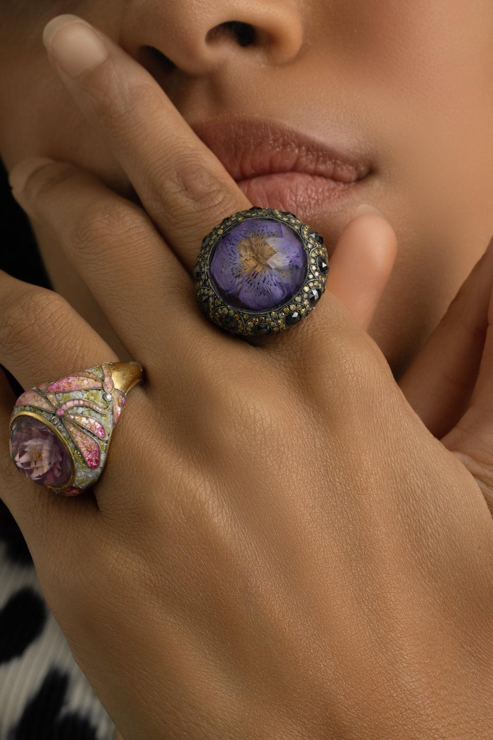Amethyst Black Yellow Diamond Lotus Ring-YLEGOLD-7-JEWELRYFINE JEWELRING-SEVAN BICAKCI