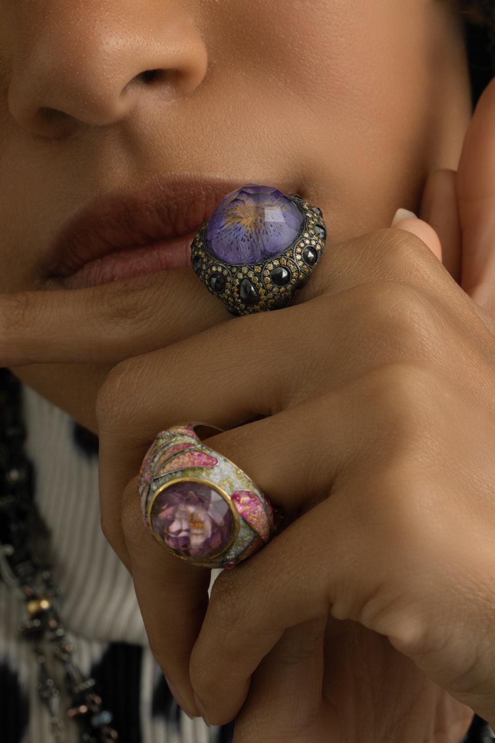 Amethyst Black Yellow Diamond Lotus Ring-YLEGOLD-7-JEWELRYFINE JEWELRING-SEVAN BICAKCI