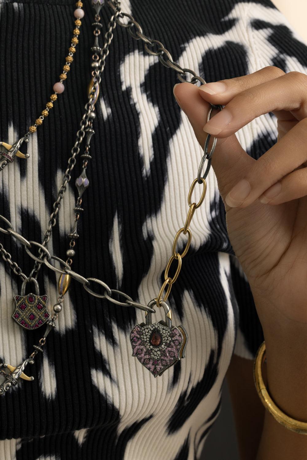 Pink Sapphire Diamond Tourmaline Large Padlock Pendant-YELLOW GOLD-JEWELRYFINE JEWELPENDANT-SEVAN BICAKCI