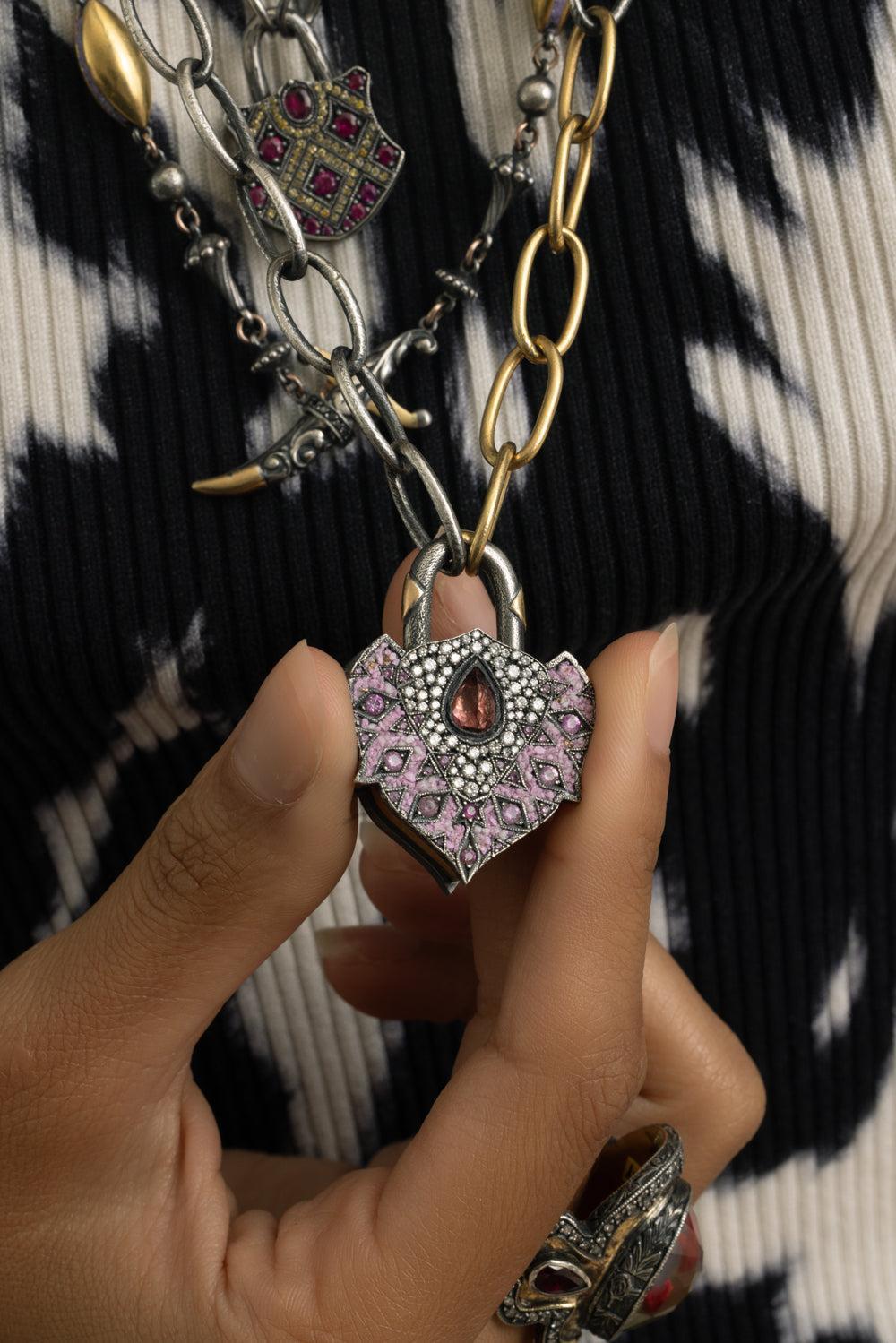 Pink Sapphire Diamond Tourmaline Large Padlock Pendant-YELLOW GOLD-JEWELRYFINE JEWELPENDANT-SEVAN BICAKCI