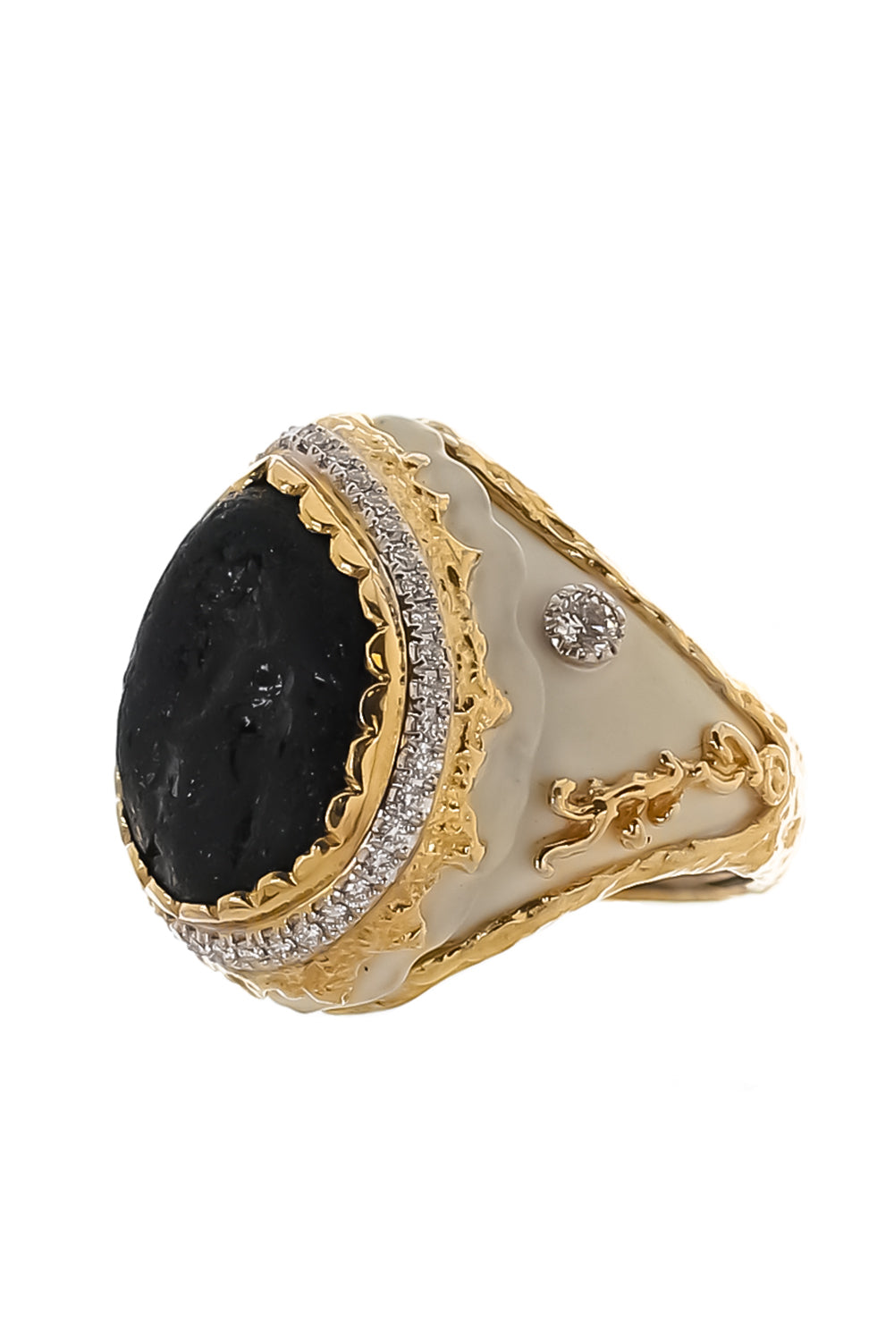 Black Tourmaline Diamond White Enamel Ring