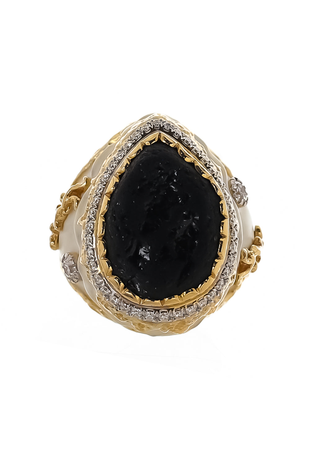 Black Tourmaline Diamond White Enamel Ring