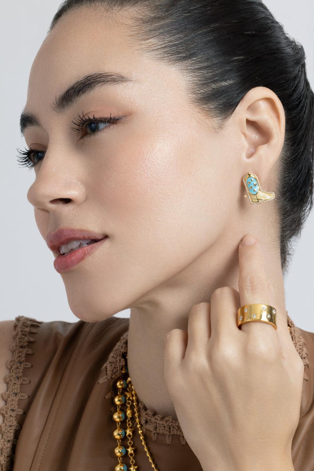 Diamond Blue Cowgirl Stud Earrings-YELLOW GOLD-JEWELRYFINE JEWELEARRING-BUDDHA MAMA
