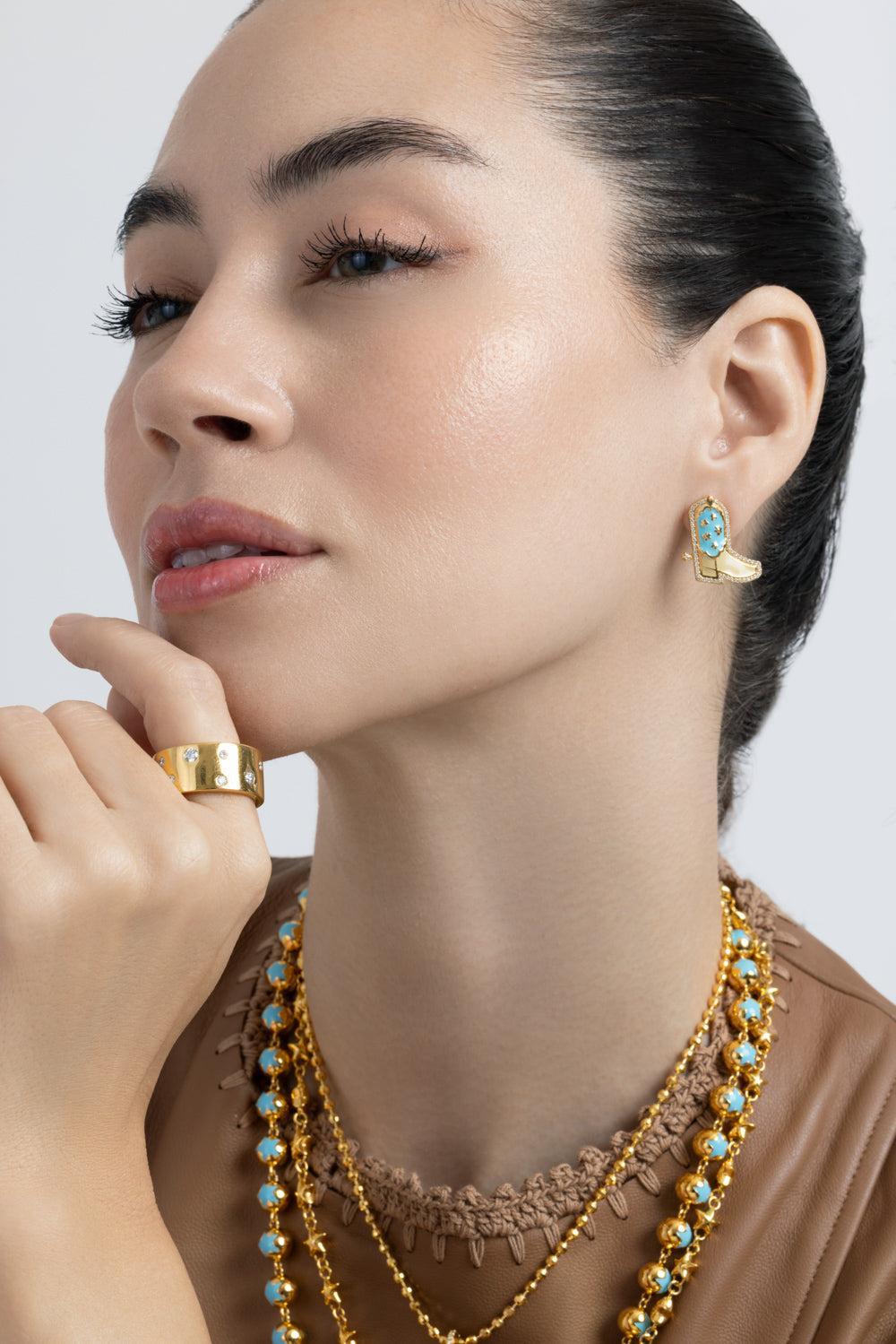 Diamond Blue Cowgirl Stud Earrings-YELLOW GOLD-JEWELRYFINE JEWELEARRING-BUDDHA MAMA