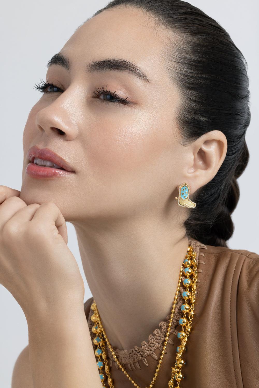 Diamond Blue Cowgirl Stud Earrings-YELLOW GOLD-JEWELRYFINE JEWELEARRING-BUDDHA MAMA