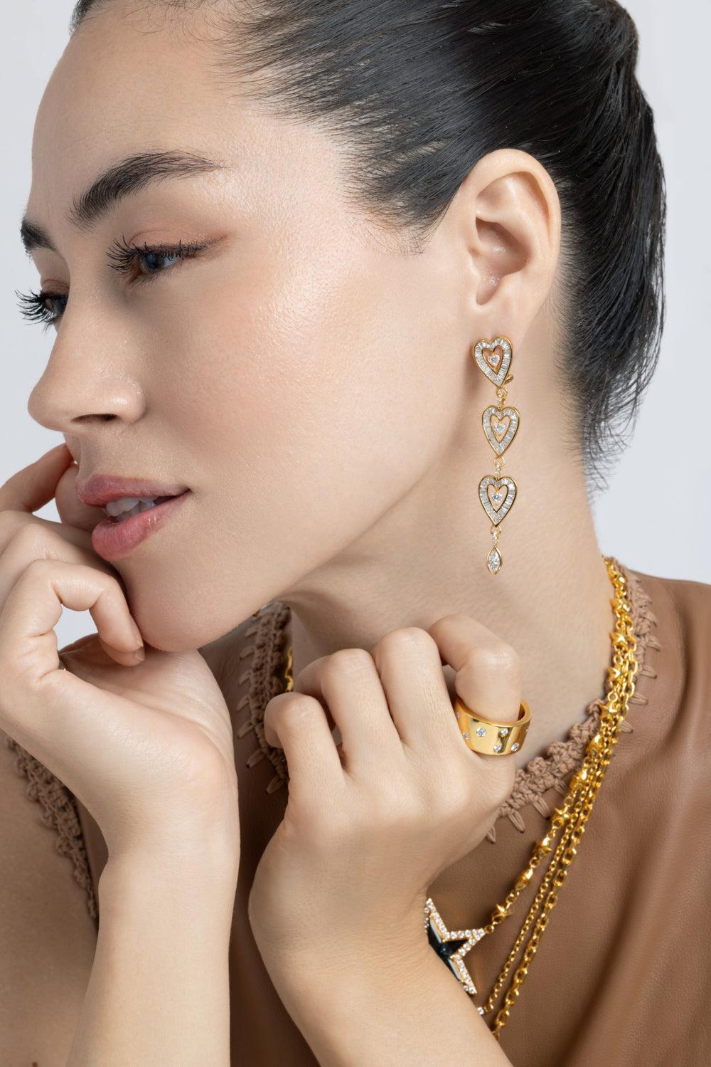 Diamond Long Heart Drop Earrings-YELLOW GOLD-JEWELRYFINE JEWELEARRING-BUDDHA MAMA