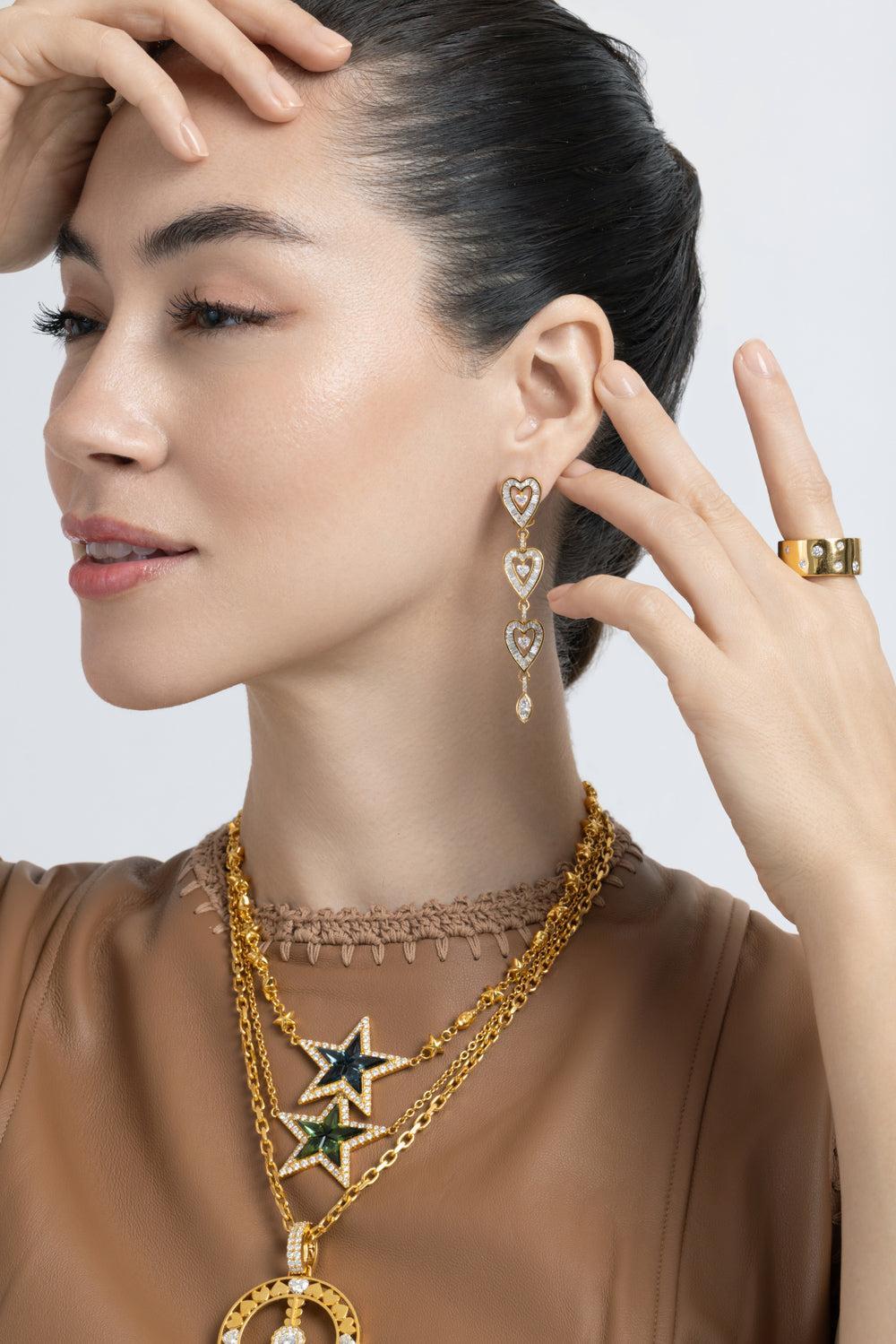 Diamond Long Heart Drop Earrings-YELLOW GOLD-JEWELRYFINE JEWELEARRING-BUDDHA MAMA