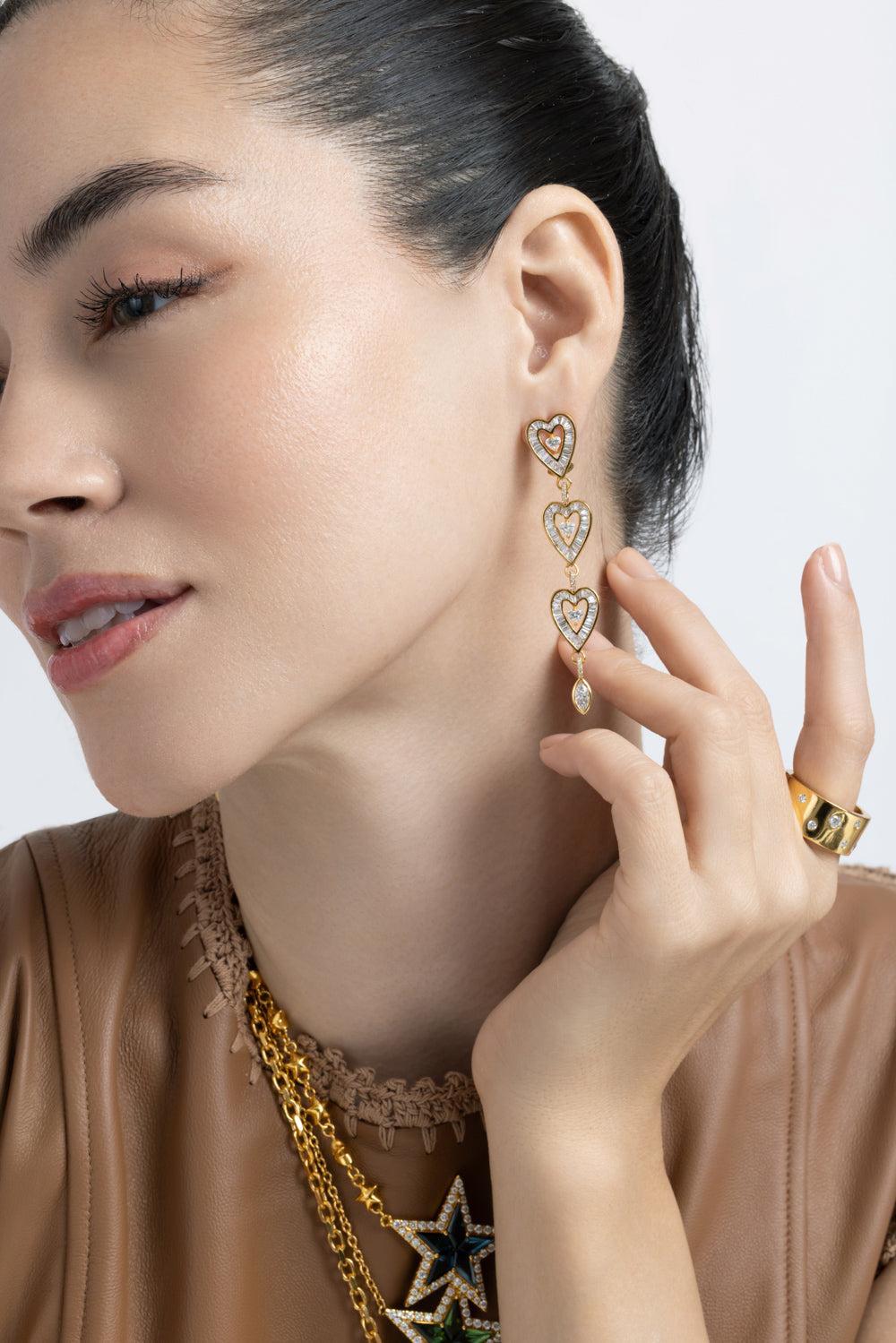 Diamond Long Heart Drop Earrings-YELLOW GOLD-JEWELRYFINE JEWELEARRING-BUDDHA MAMA