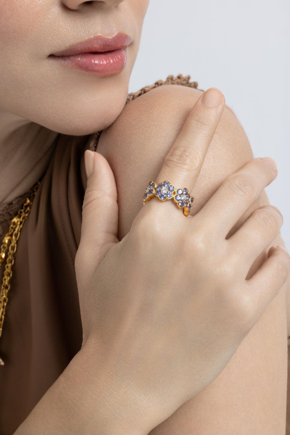 Diamond Tanzanite Flower Band Ring-YELLOW GOLD-8-JEWELRYFINE JEWELRING-BUDDHA MAMA