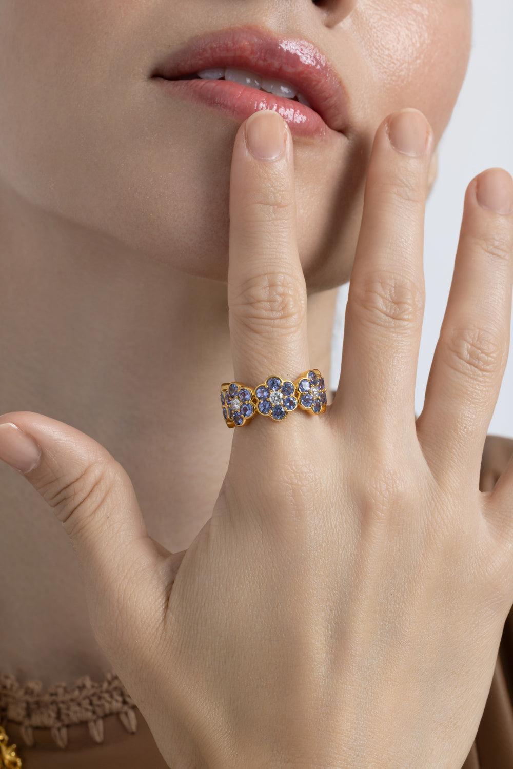 Diamond Tanzanite Flower Band Ring-YELLOW GOLD-8-JEWELRYFINE JEWELRING-BUDDHA MAMA