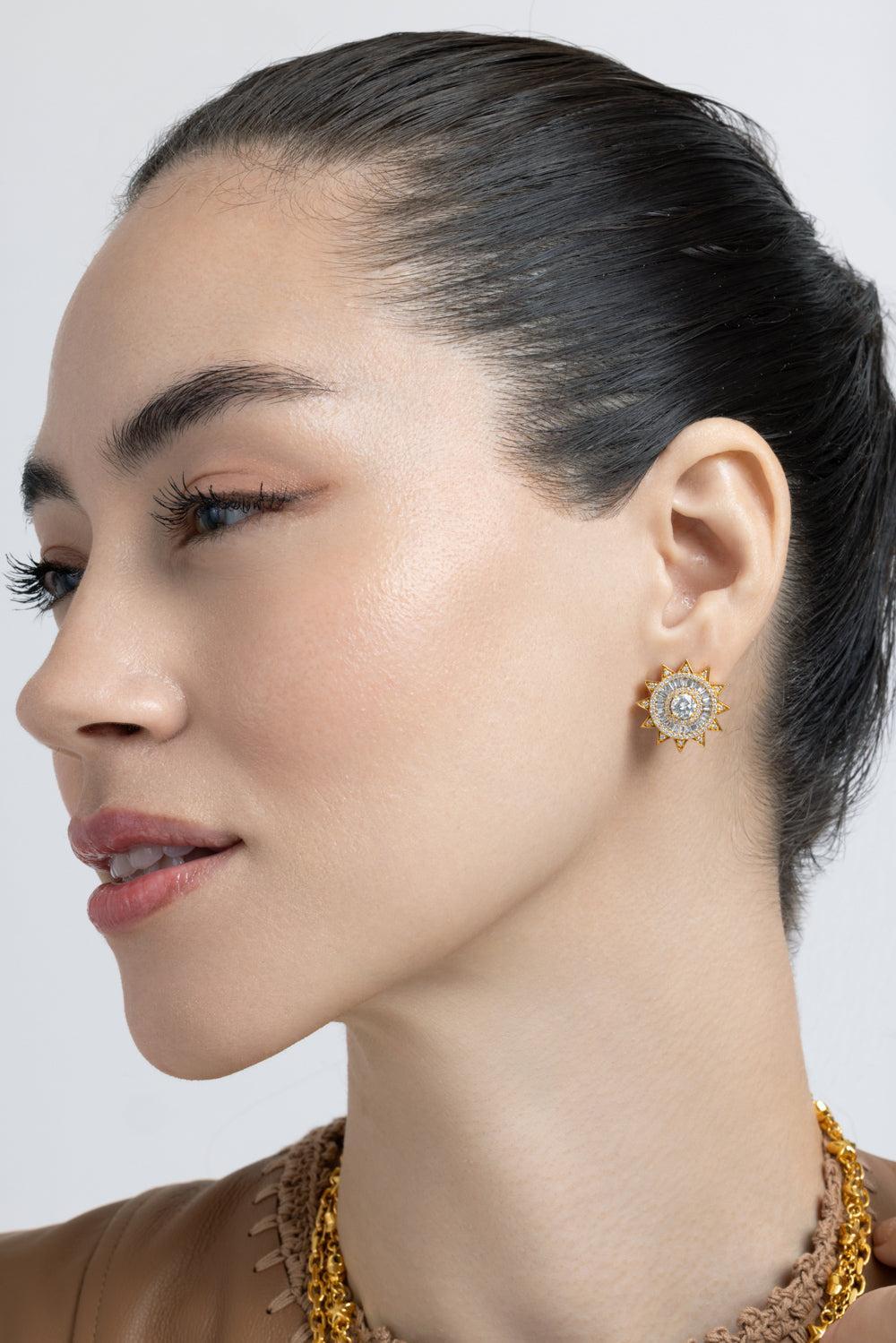 Diamond Sun Omega Earrings-YELLOW GOLD-JEWELRYFINE JEWELEARRING-BUDDHA MAMA