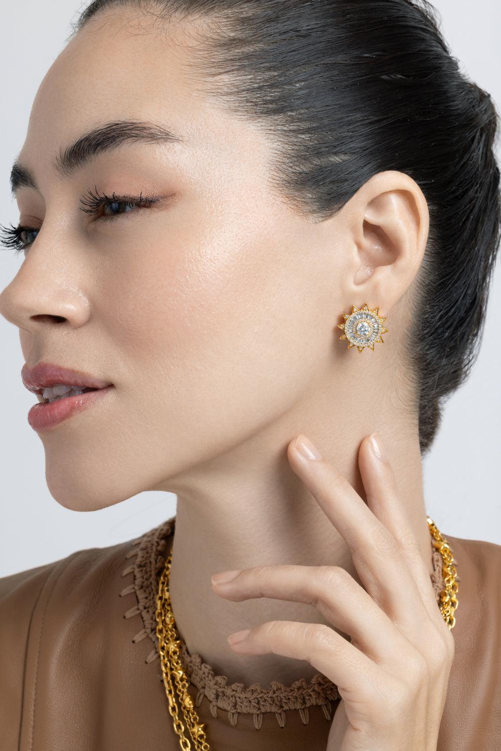 Diamond Sun Omega Earrings-YELLOW GOLD-JEWELRYFINE JEWELEARRING-BUDDHA MAMA