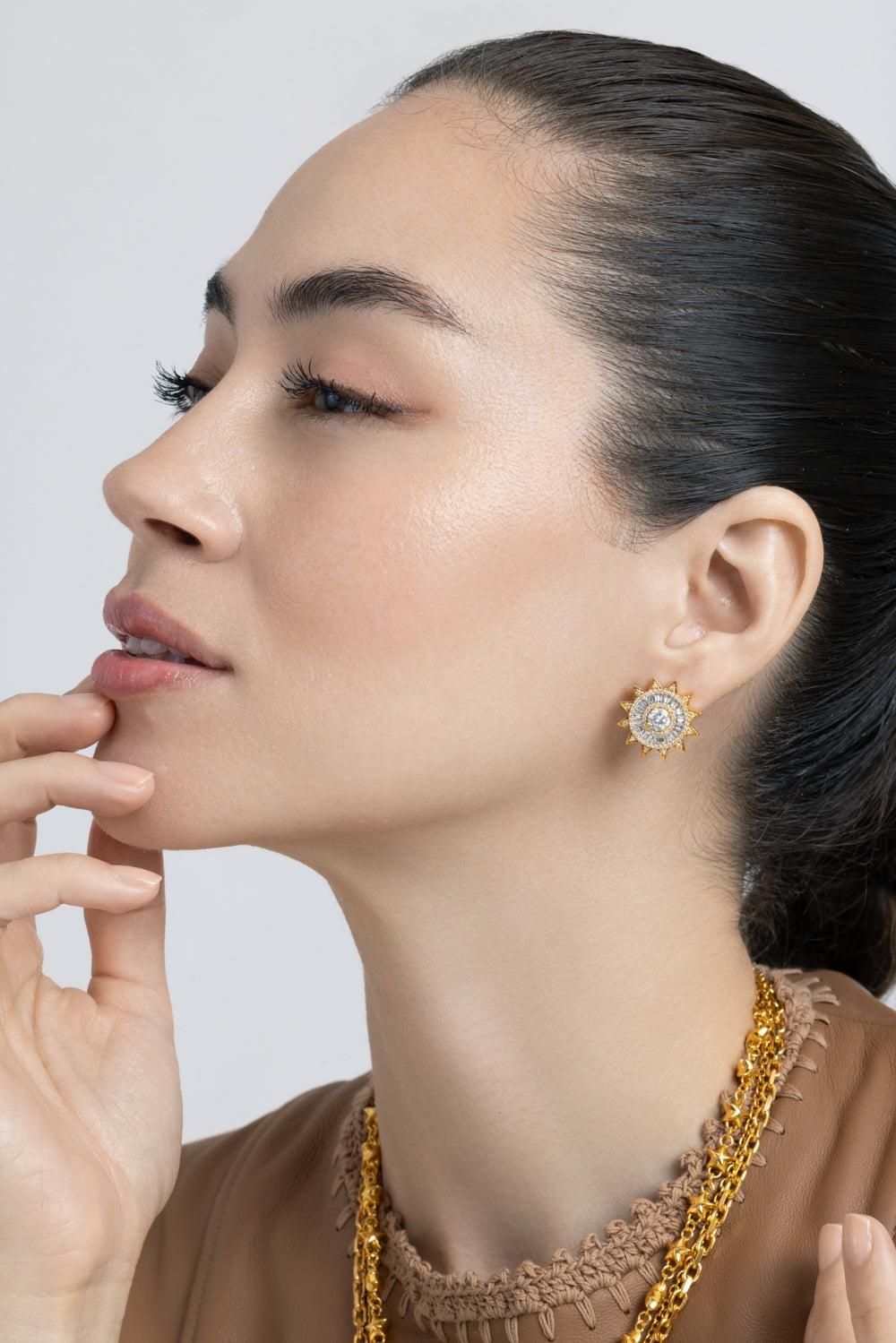 Diamond Sun Omega Earrings-YELLOW GOLD-JEWELRYFINE JEWELEARRING-BUDDHA MAMA