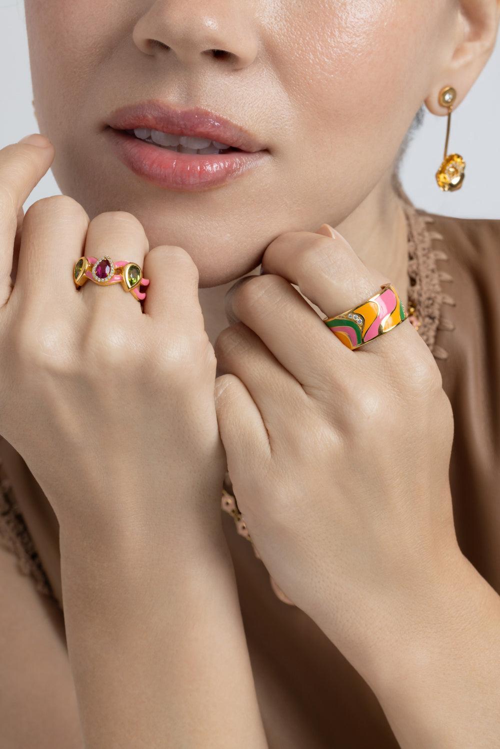 Diamond Pink Green Groovy Swirl Band Ring-YELLOW GOLD-8-JEWELRYFINE JEWELRING-BUDDHA MAMA