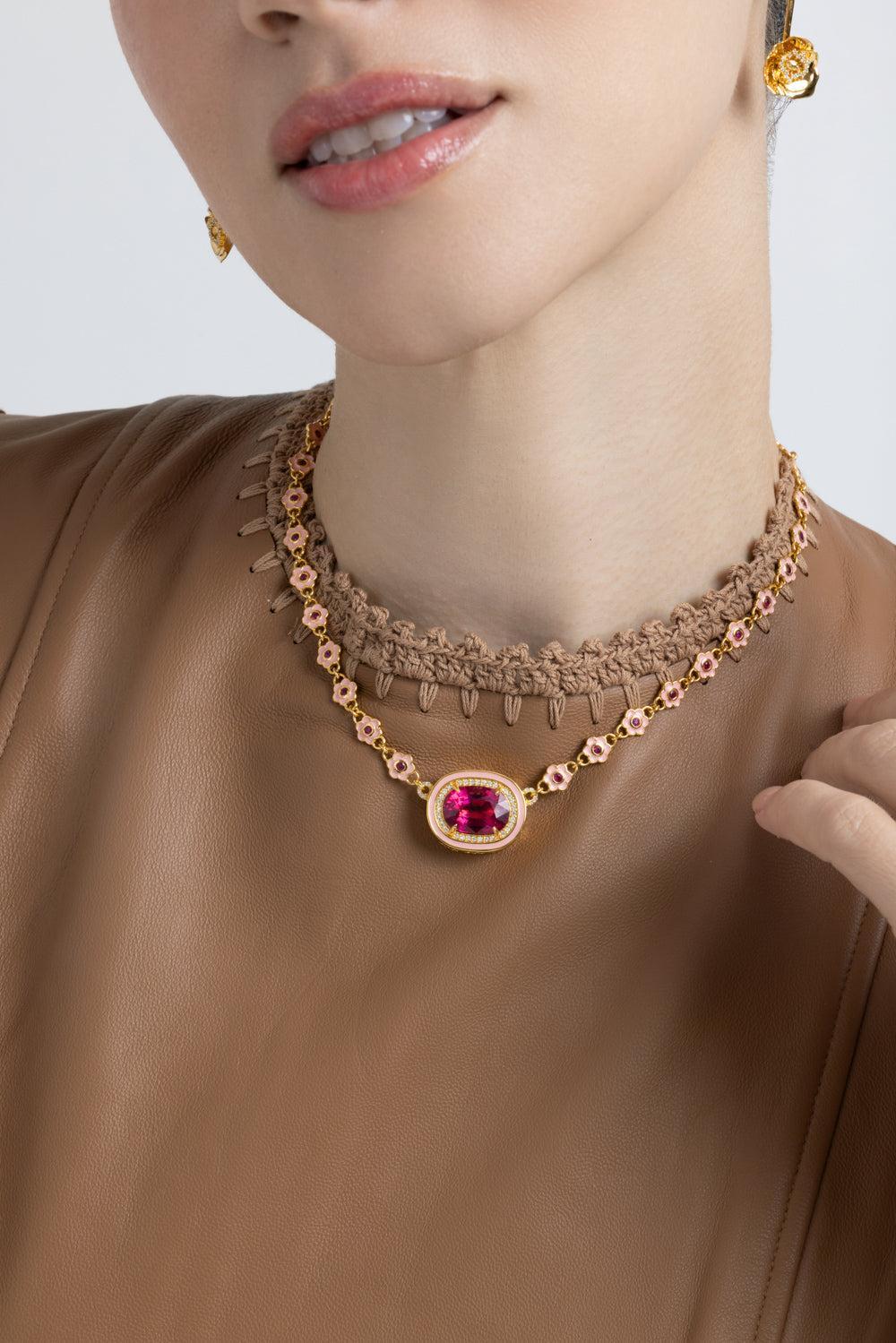 Rubellite Pink Flower Necklace-YELLOW GOLD-15-JEWELRYFINE JEWELNECKLACE O-BUDDHA MAMA