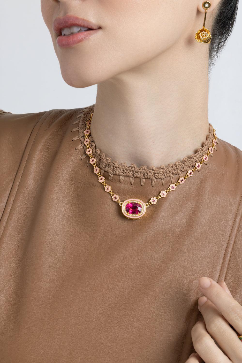 Rubellite Pink Flower Necklace-YELLOW GOLD-15-JEWELRYFINE JEWELNECKLACE O-BUDDHA MAMA