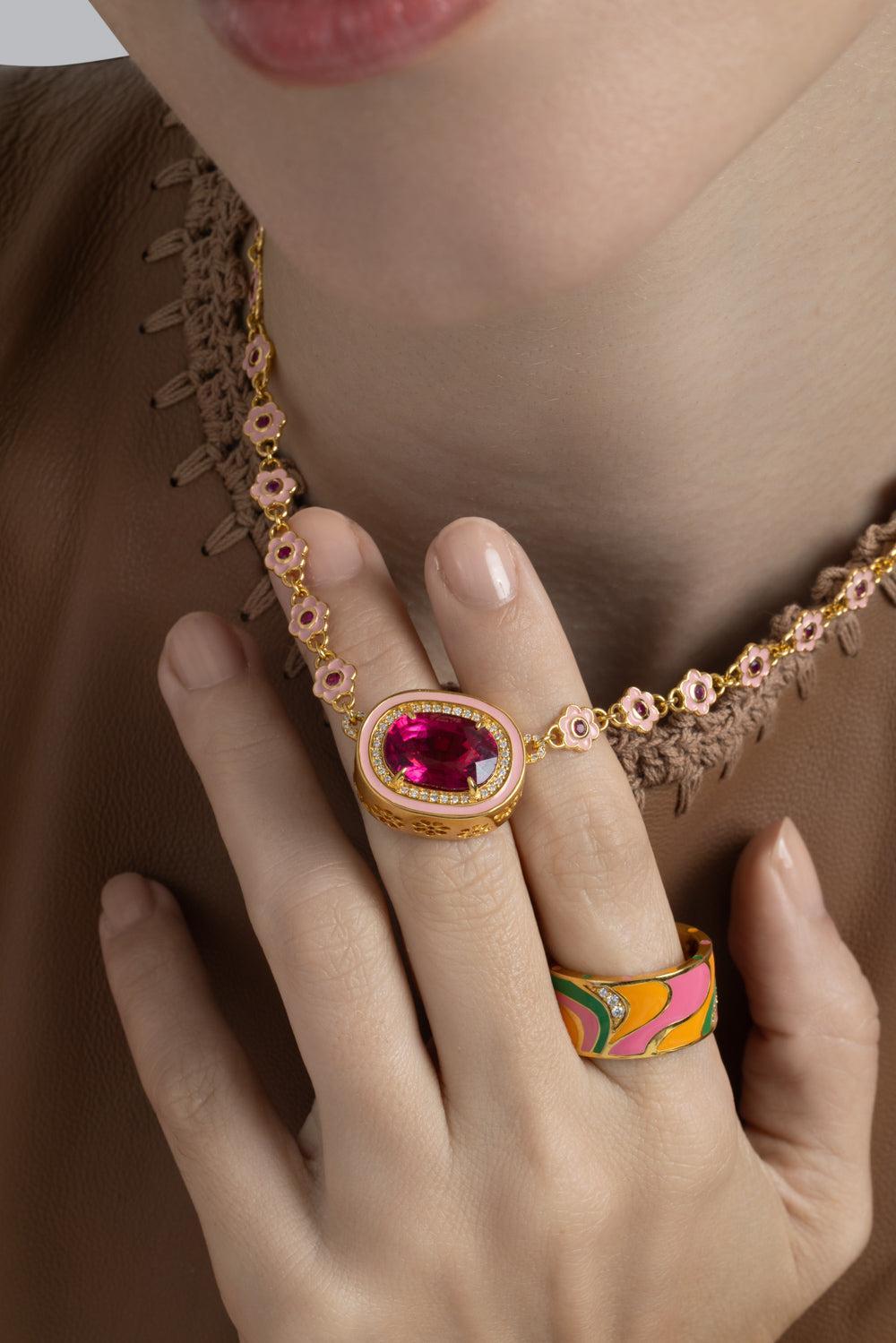 Rubellite Pink Flower Necklace-YELLOW GOLD-15-JEWELRYFINE JEWELNECKLACE O-BUDDHA MAMA