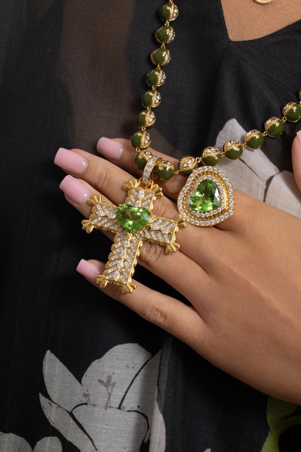 Peridot Heart Cross Pendant-YELLOW GOLD-JEWELRYFINE JEWELPENDANT-BUDDHA MAMA