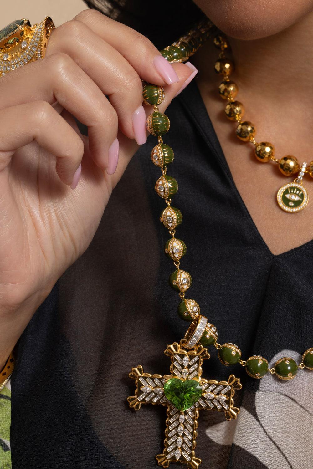 Peridot Heart Cross Pendant-YELLOW GOLD-JEWELRYFINE JEWELPENDANT-BUDDHA MAMA