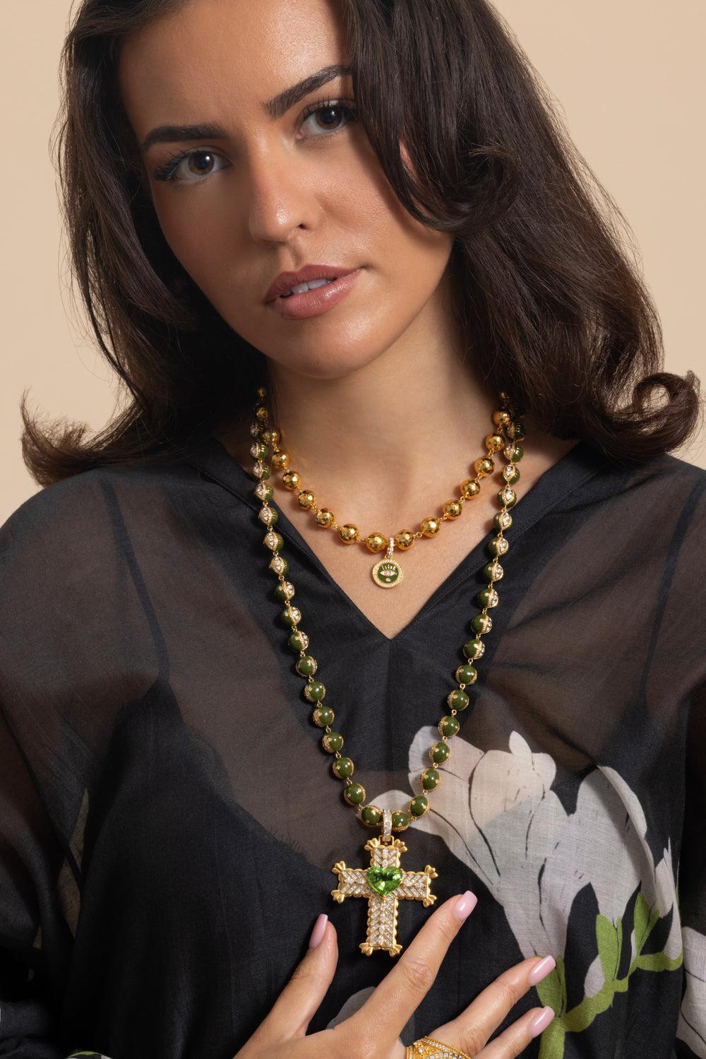 Army Green Evil Eye Necklace - 20in - 10mm-YELLOW GOLD-22-JEWELRYFINE JEWELNECKLACE O-BUDDHA MAMA