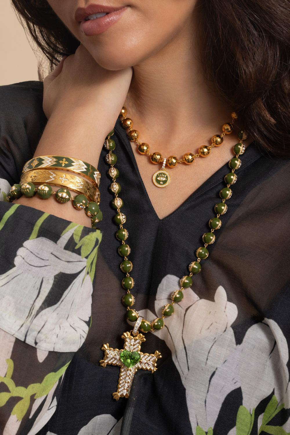 Army Green Evil Eye Necklace - 20in - 10mm-YELLOW GOLD-22-JEWELRYFINE JEWELNECKLACE O-BUDDHA MAMA
