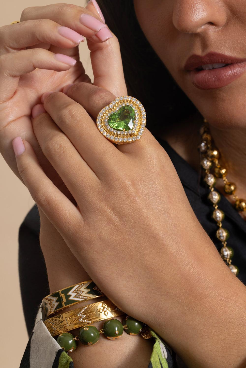 Peridot Diamond Heart Signet Ring-YELLOW GOLD-JEWELRYFINE JEWELRING-BUDDHA MAMA