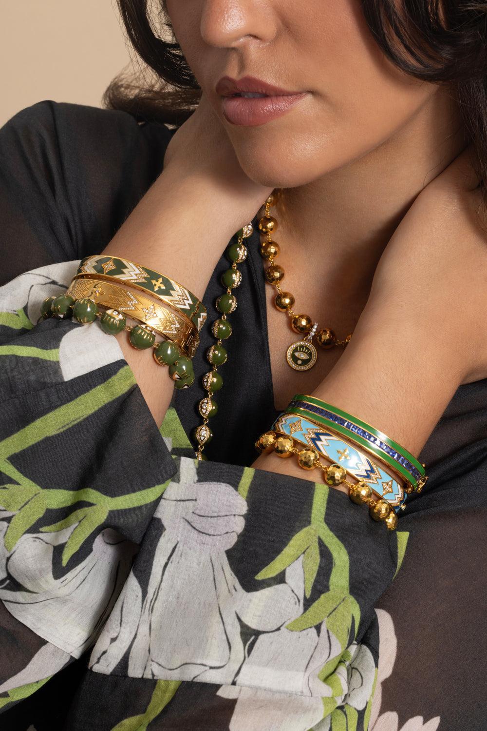 Blue Sapphire Kelly Green Bangle Bracelet-YELLOW GOLD-JEWELRYFINE JEWELBRACELET O-BUDDHA MAMA
