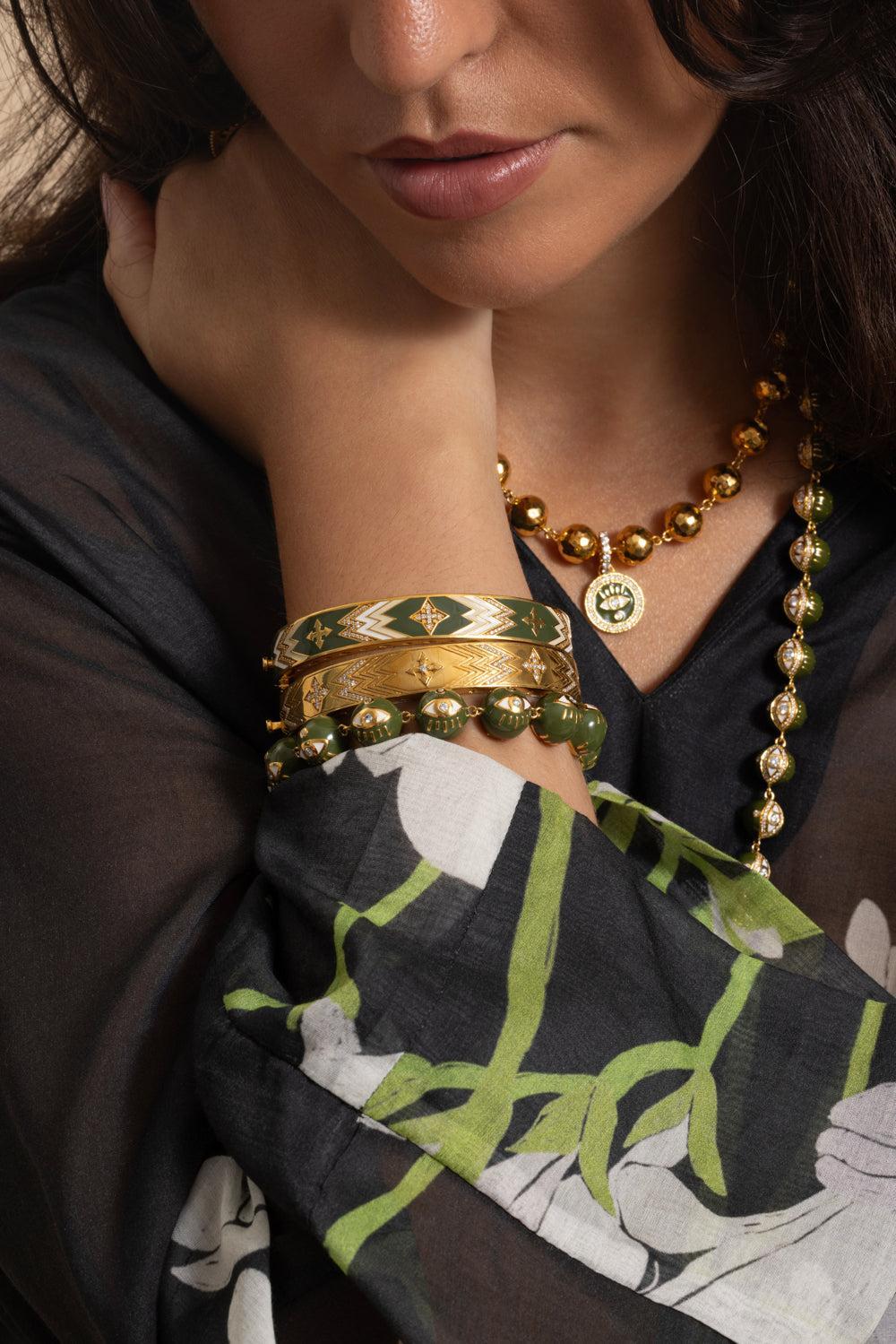 Army Green Evil Eye Bracelet - 12mm-YELLOW GOLD-JEWELRYFINE JEWELBRACELET O-BUDDHA MAMA