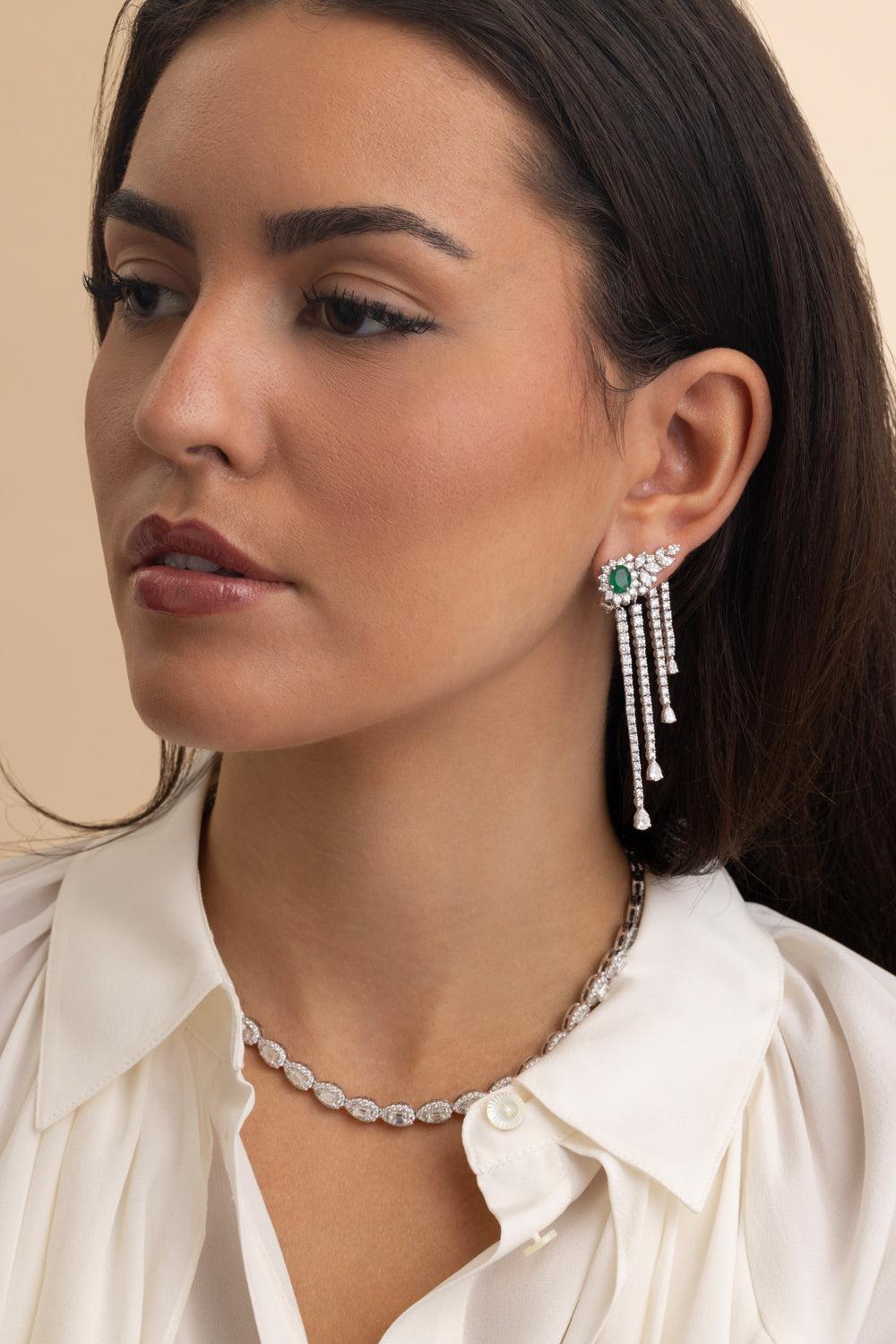 Emerald Diamond Stud Drop Earrings-WHITE GOLD-JEWELRYFINE JEWELEARRING-YEPREM JEWELLERY