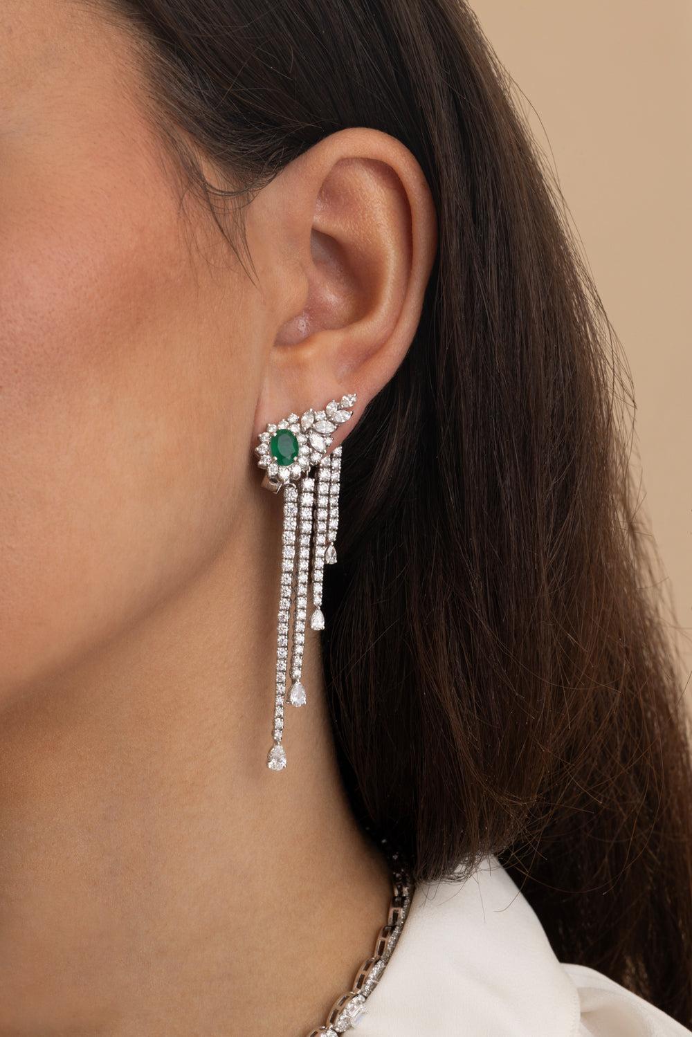 Emerald Diamond Stud Drop Earrings-WHITE GOLD-JEWELRYFINE JEWELEARRING-YEPREM JEWELLERY