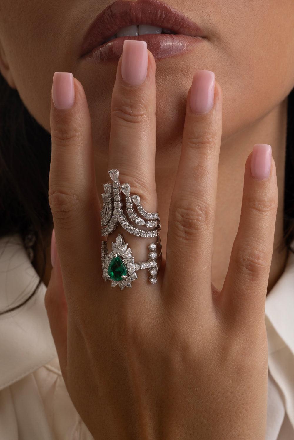 Emerald Diamond Statement Dangle Ring-WHITE GOLD-6.75-JEWELRYFINE JEWELRING-YEPREM JEWELLERY