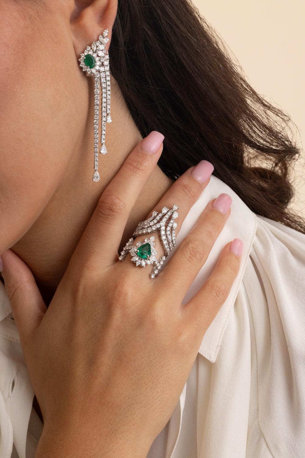 Emerald Diamond Statement Dangle Ring-WHITE GOLD-6.75-JEWELRYFINE JEWELRING-YEPREM JEWELLERY