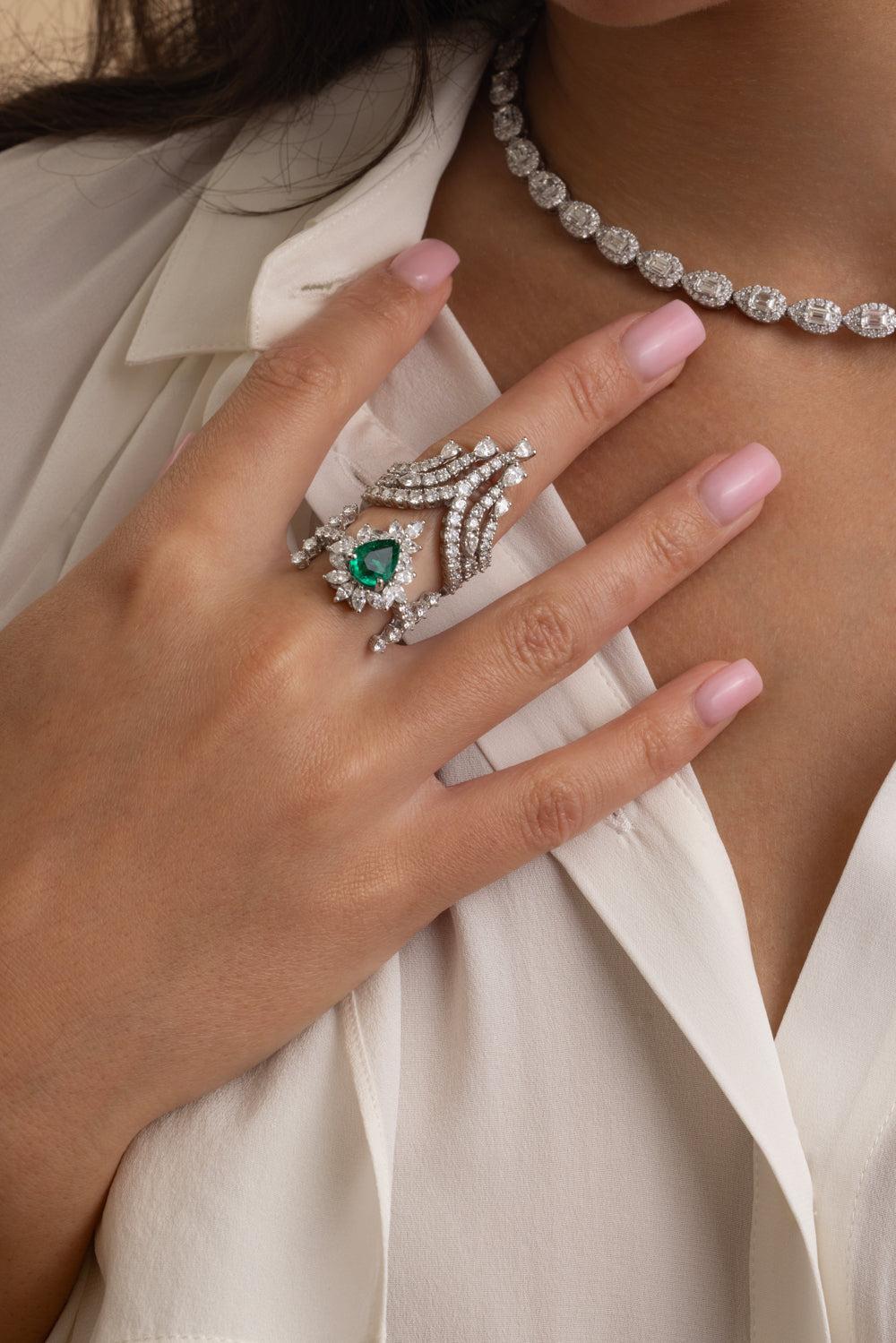 Emerald Diamond Statement Dangle Ring-WHITE GOLD-6.75-JEWELRYFINE JEWELRING-YEPREM JEWELLERY