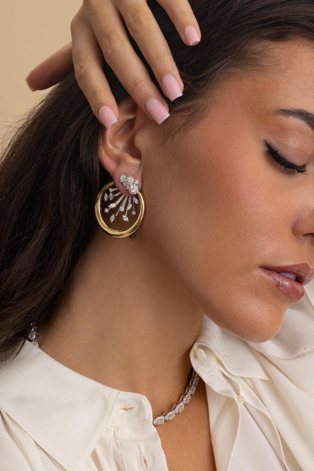 Diamond Cluster Round Hoop Earrings-YELLOW GOLD-JEWELRYFINE JEWELEARRING-YEPREM JEWELLERY