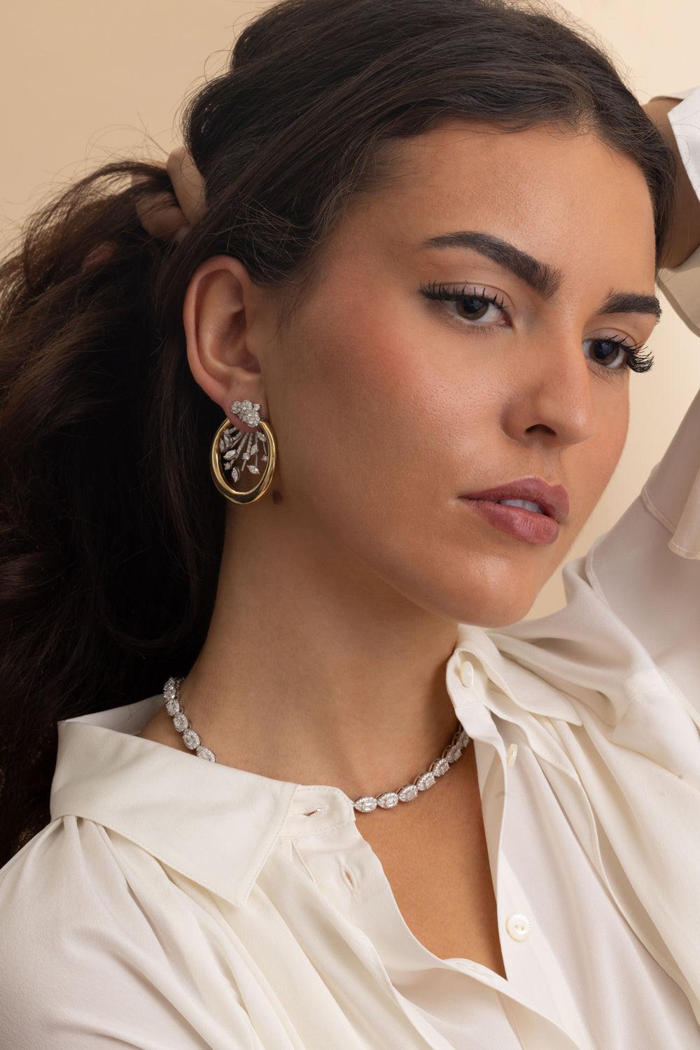 Diamond Cluster Round Hoop Earrings-YELLOW GOLD-JEWELRYFINE JEWELEARRING-YEPREM JEWELLERY