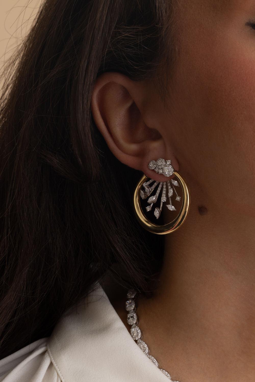 Diamond Cluster Round Hoop Earrings-YELLOW GOLD-JEWELRYFINE JEWELEARRING-YEPREM JEWELLERY