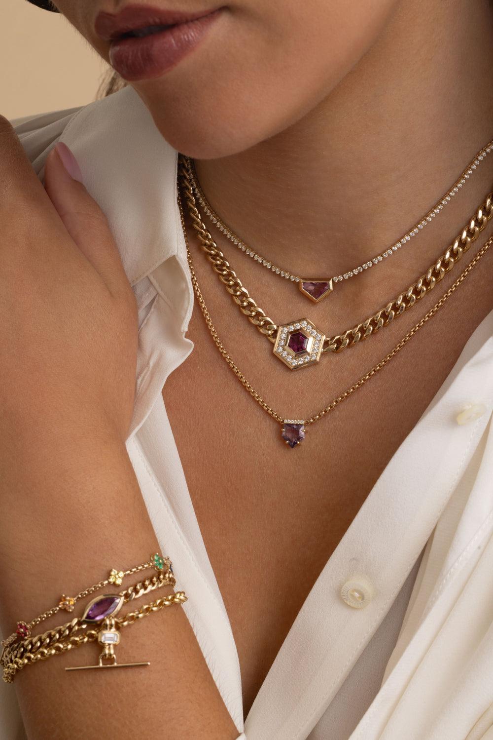 Pink Tourmaline Diamond Hexagon Pendant Necklace-YELLOW GOLD-16-JEWELRYFINE JEWELNECKLACE O-ZOE CHICCO