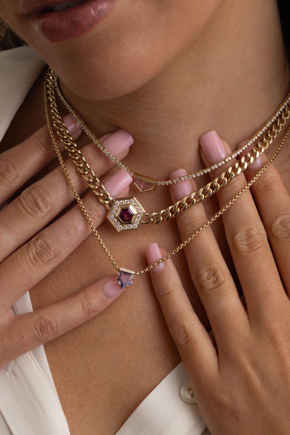 Pink Tourmaline Diamond Hexagon Pendant Necklace-YELLOW GOLD-16-JEWELRYFINE JEWELNECKLACE O-ZOE CHICCO
