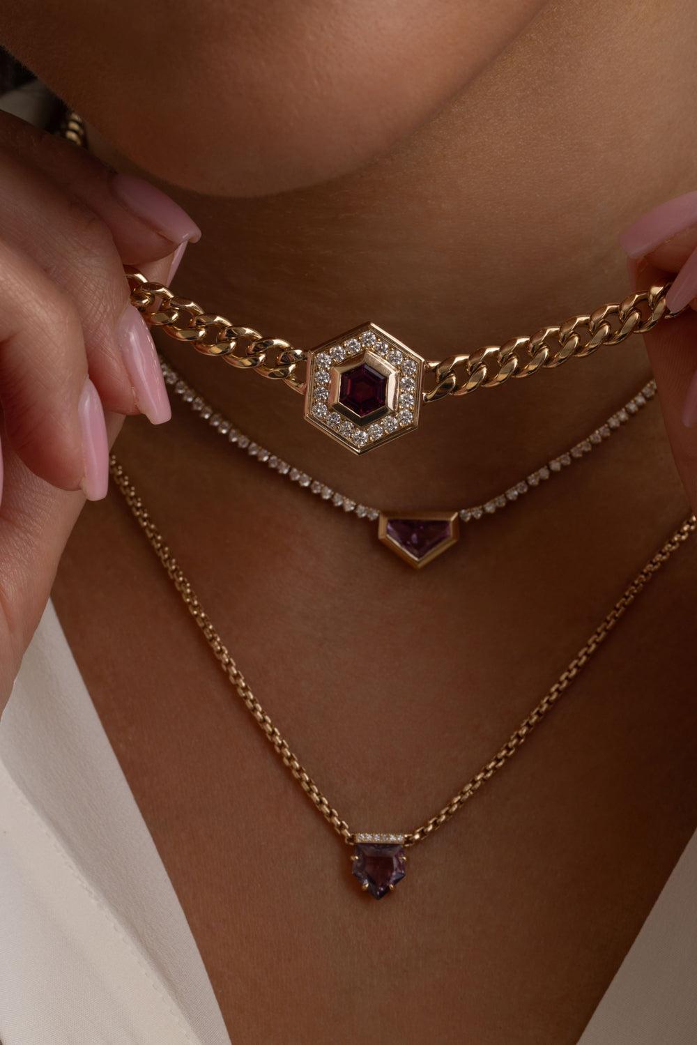 Pink Tourmaline Diamond Hexagon Pendant Necklace-YELLOW GOLD-16-JEWELRYFINE JEWELNECKLACE O-ZOE CHICCO