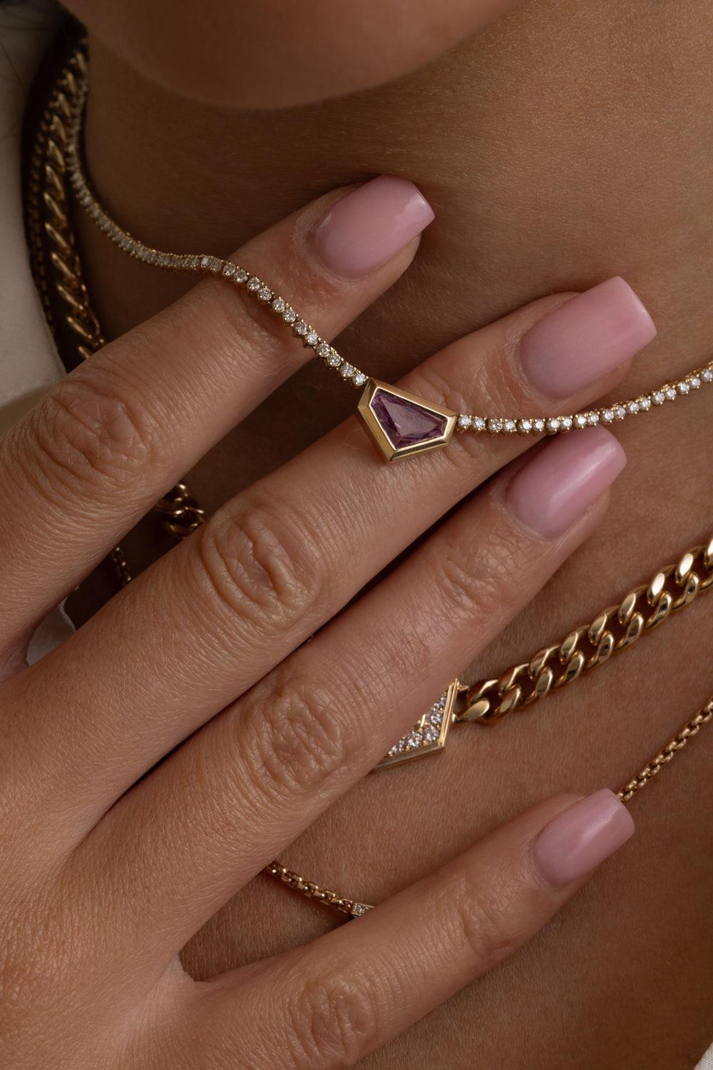 Pink Sapphire Shield Tennis Necklace-YELLOW GOLD-16-JEWELRYFINE JEWELNECKLACE O-ZOE CHICCO