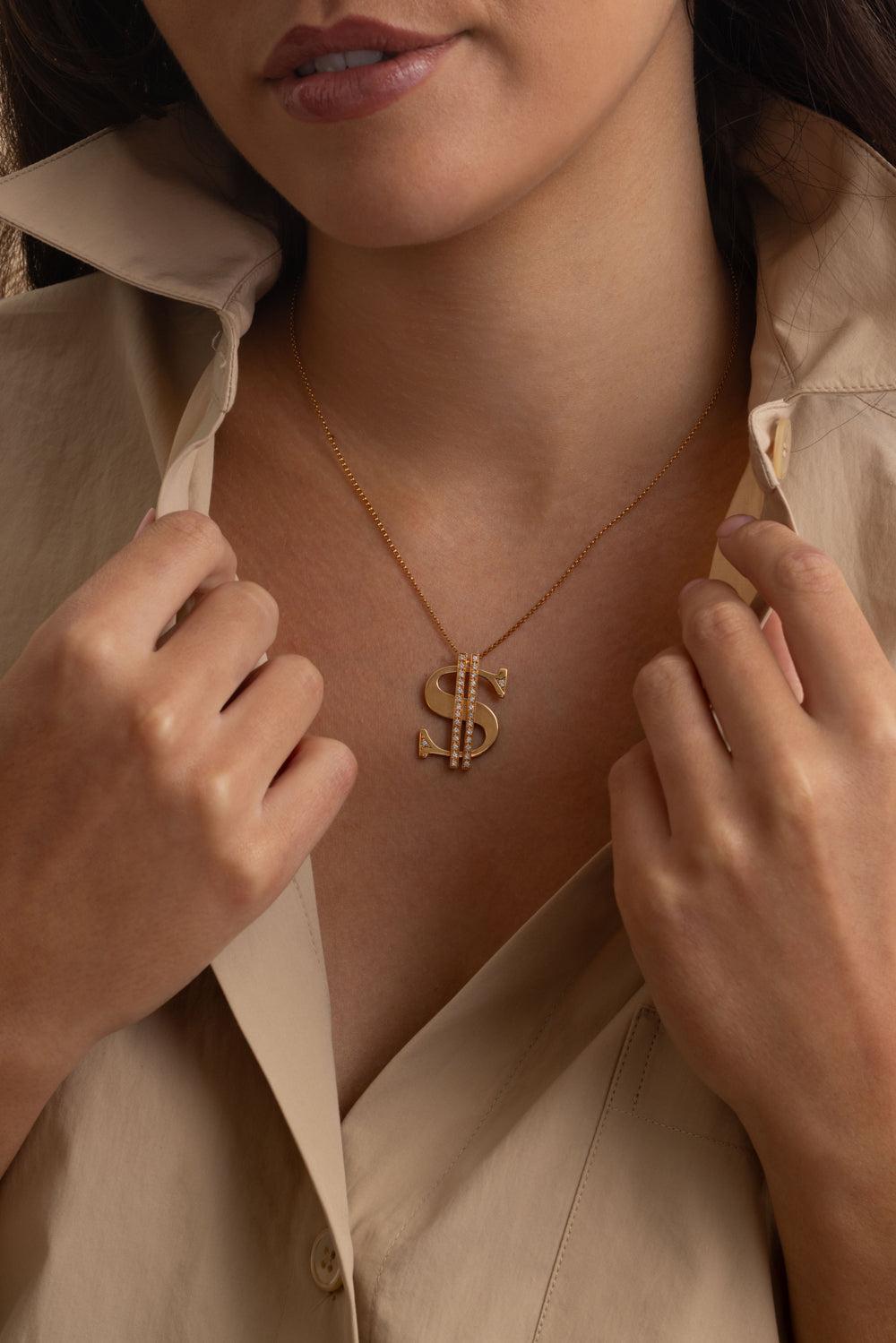 Diamond Dollar Sign Necklace-YELLOW GOLD-JEWELRYFINE JEWELNECKLACE O-STEFERE